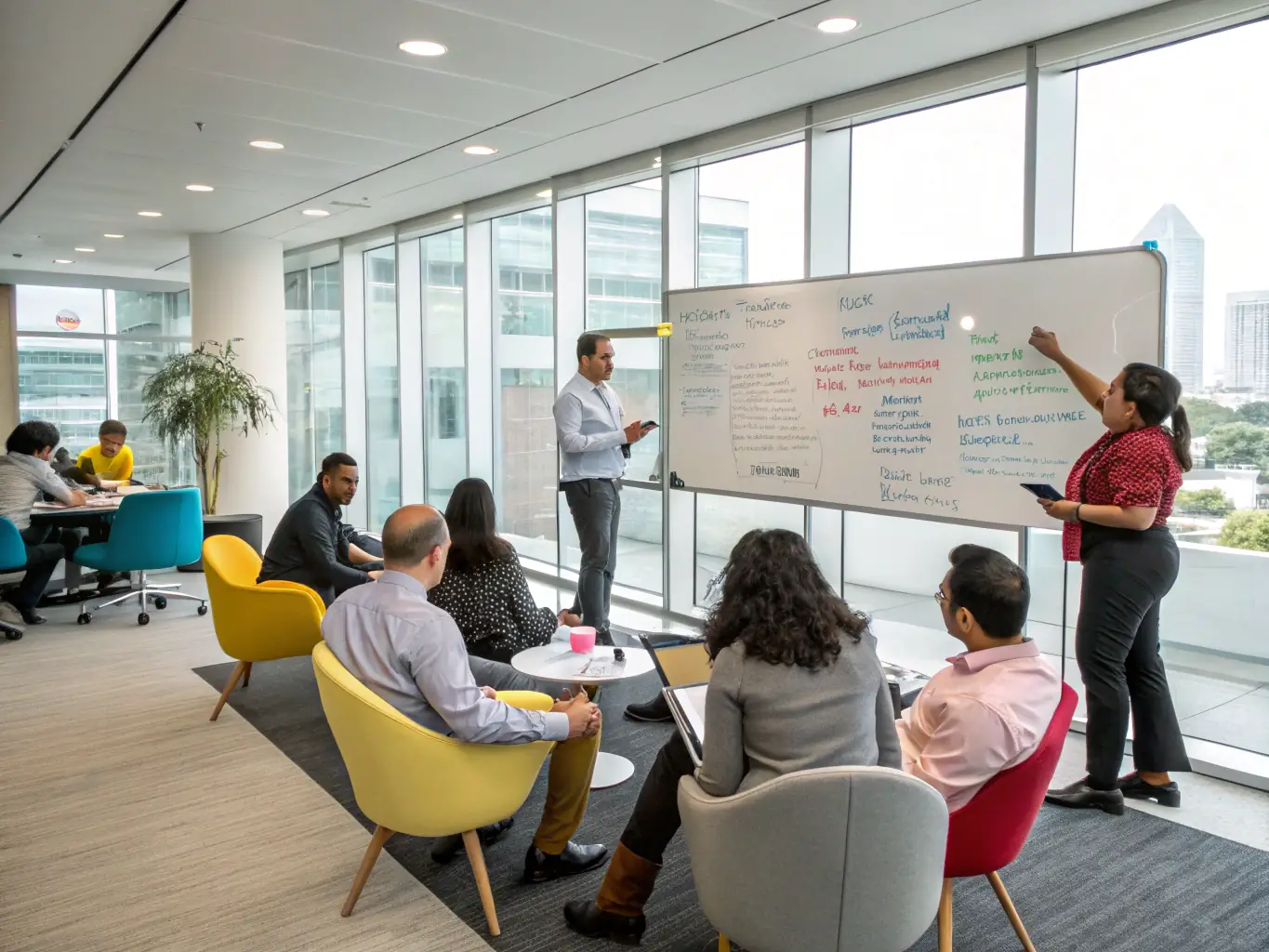 An image showcasing a diverse group of employees participating in a leadership training session, emphasizing skill development and team collaboration.