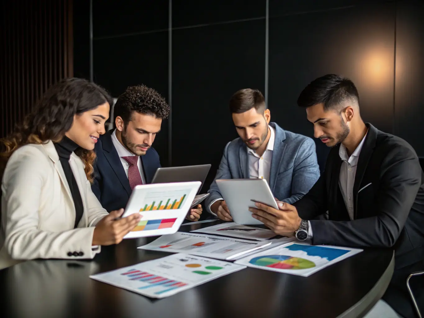 A diverse team of business consultants collaborating around a table, reviewing charts and graphs, symbolizing expertise and teamwork.