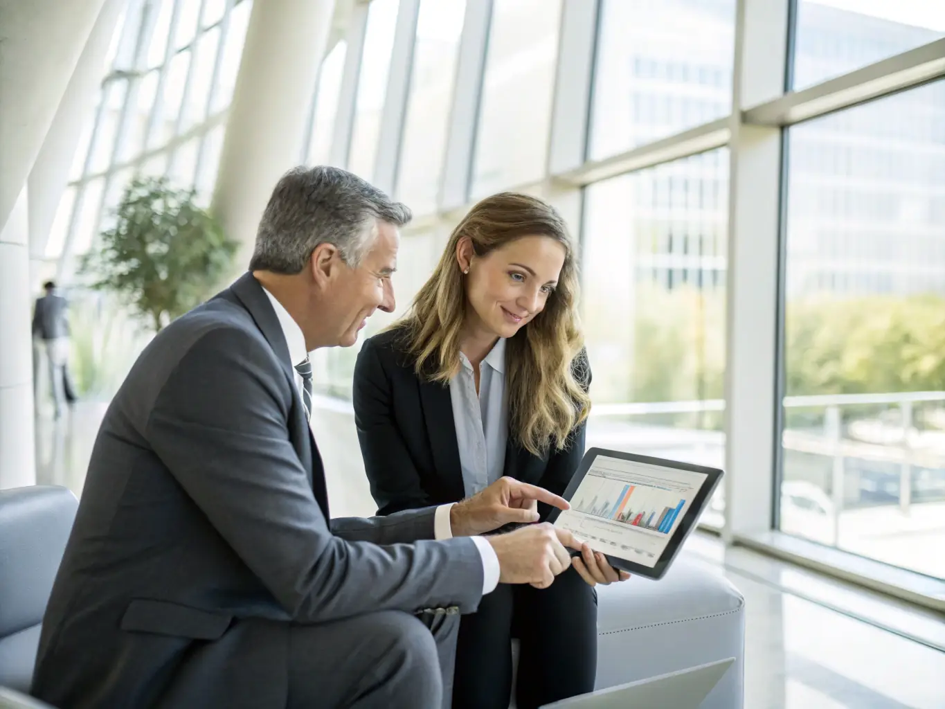 An image of a professional consultant discussing strategies with clients in a modern office setting.